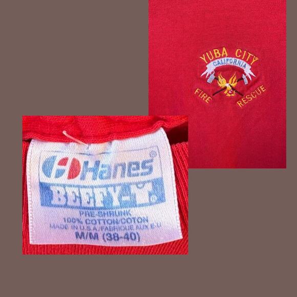 Hanes Beefy‑T T‑Shirt | Red Cotton | Size M | Vintage Fire Rescue - Picture 4 of 4